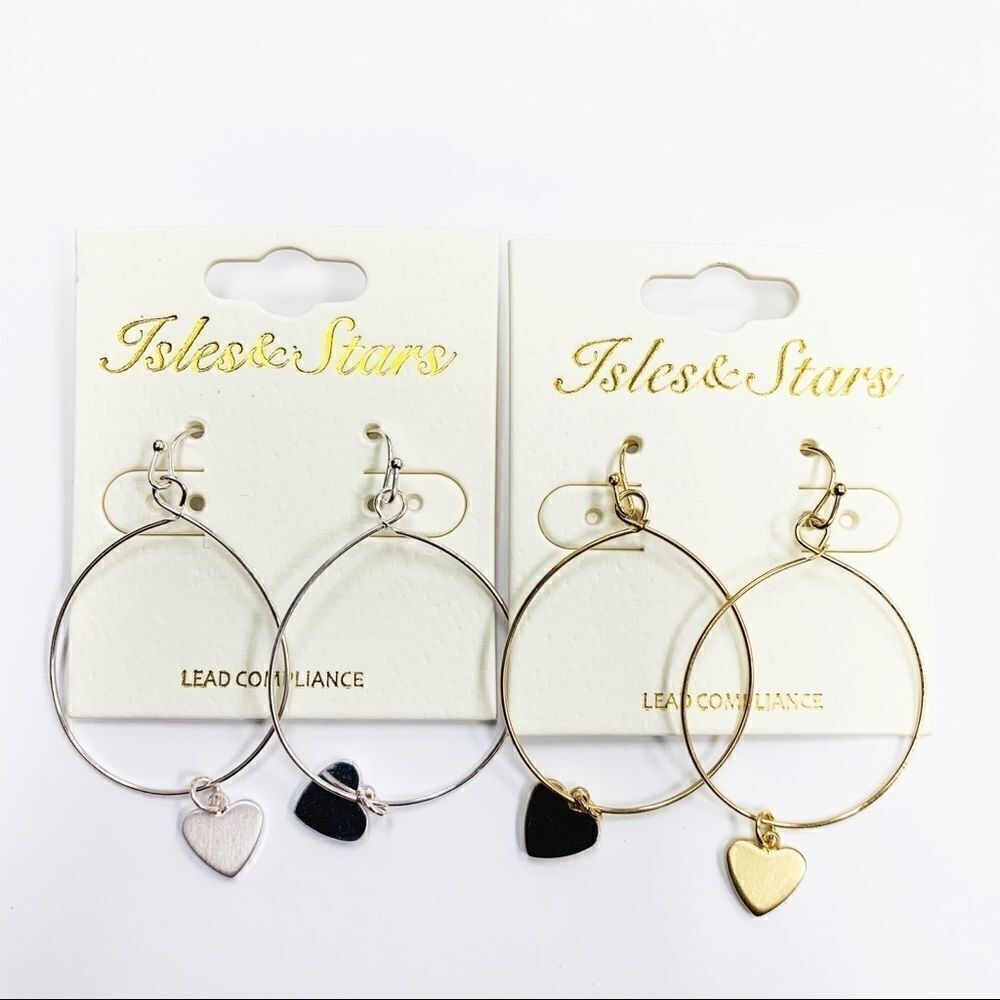 Heart Charm Dangle Hoops, Set of 2 Silver/Gold